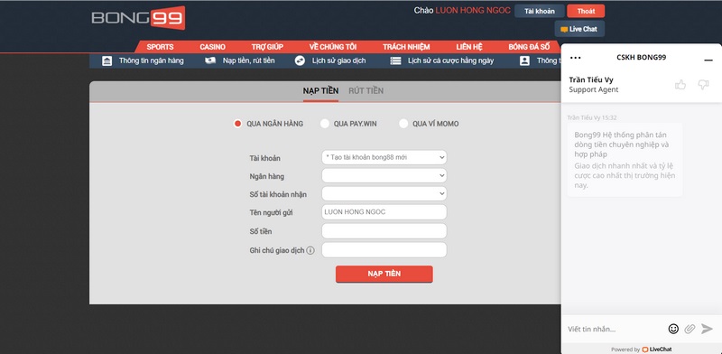 Anh em có thể yên tâm nạp tiền tại Bong99 chỉ mất vài phút 